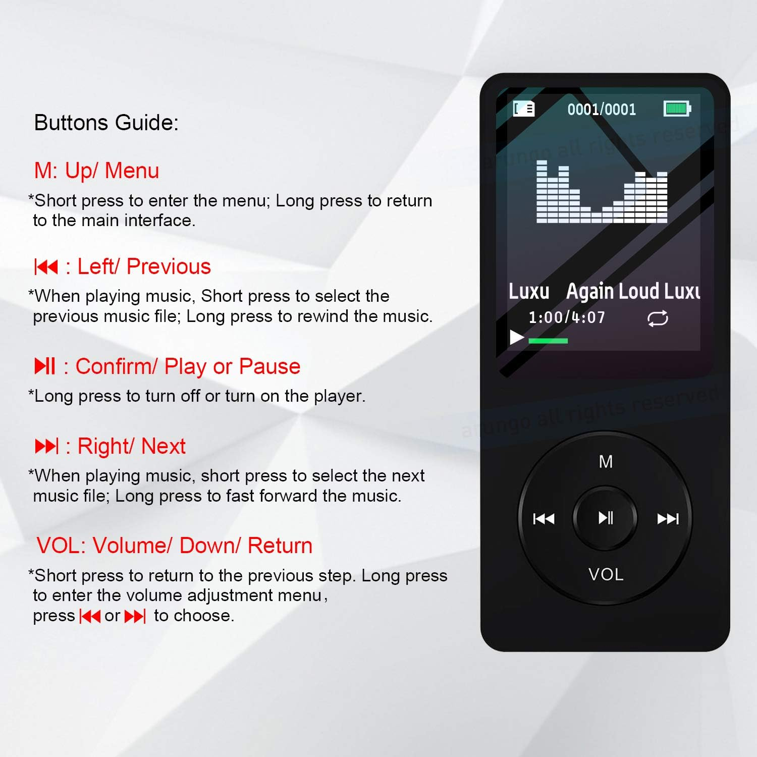 Nahaufnahme des MP3-Player-Bildschirms mit Musiksteuerung und Tastenführung, isoliert auf Weiß.