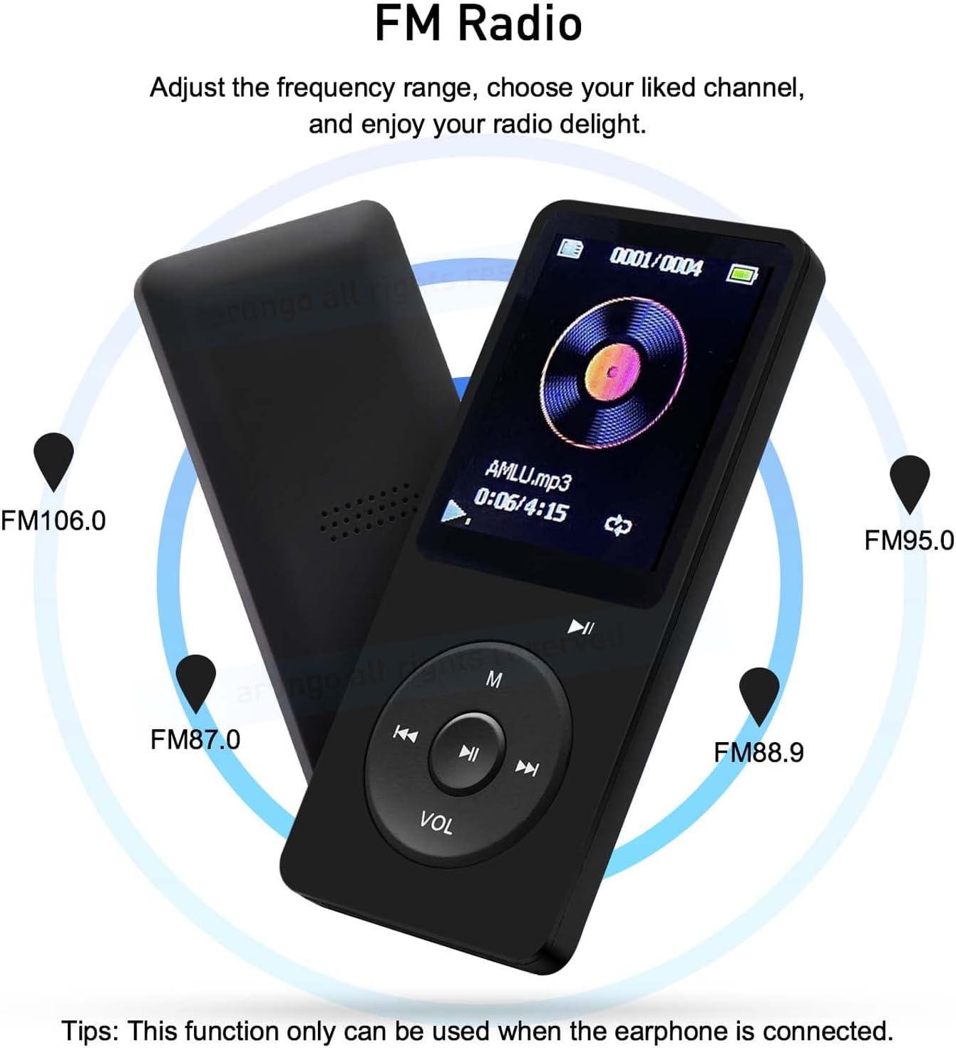 Ein schwarzer MP3-Player mit Bildschirm und eine passende schwarze Hülle. Text: FM Radio, FM106.0, FM87.0, FM95.0, FM88.9