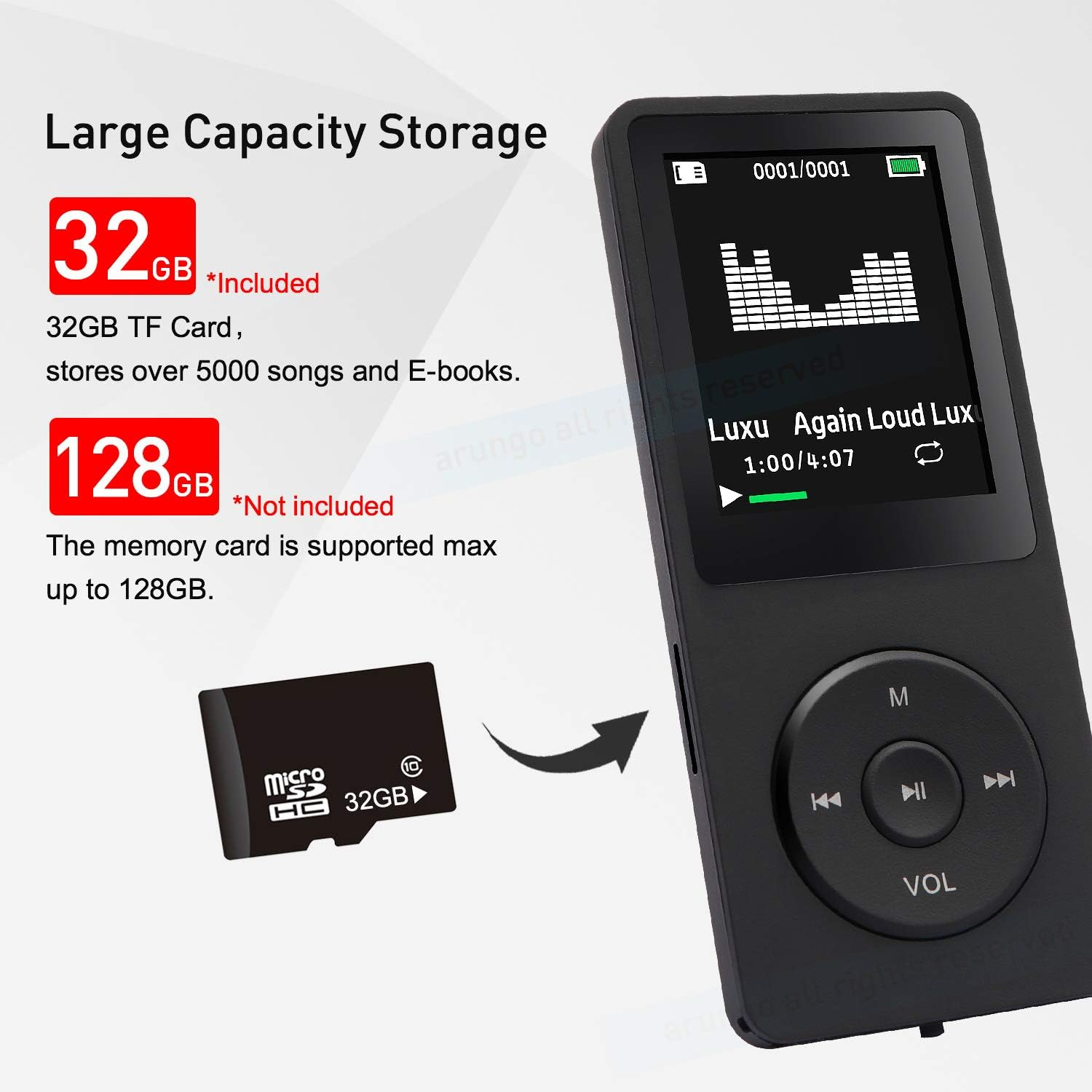 Ein schwarzer MP3-Player, eine Micro-SD-Karte und Text, der den Speicher anzeigt: 32 GB enthalten und 128 GB werden unterstützt.