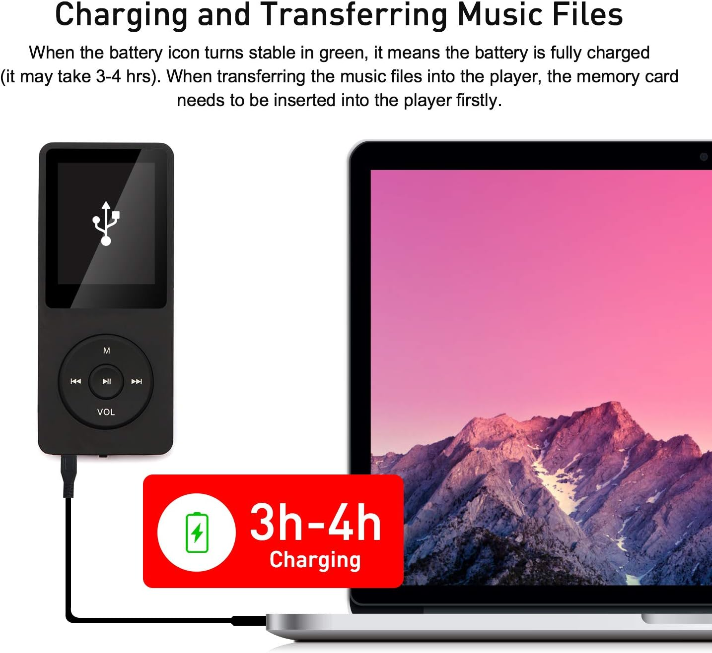 Ein schwarzer MP3-Player, der an ein Kabel angeschlossen ist. Ein rotes Rechteck zeigt 3-4 Stunden Aufladen an. Ein Akkusymbol ist sichtbar.