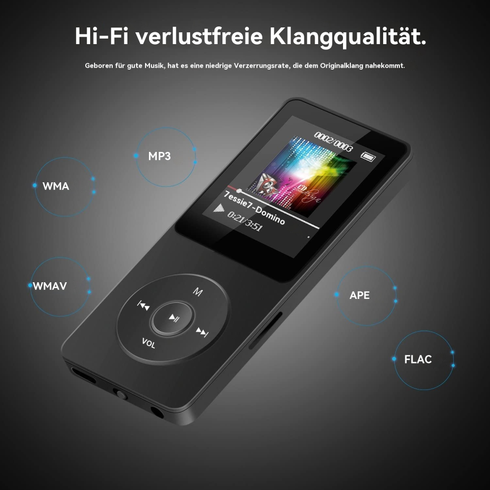 MP3-Player zeigt einen Song, der abgespielt wird. Der Player ist schwarz, mit Bildschirm, der Song-Infos zeigt. Andere Dateiformate sind ebenfalls angegeben.