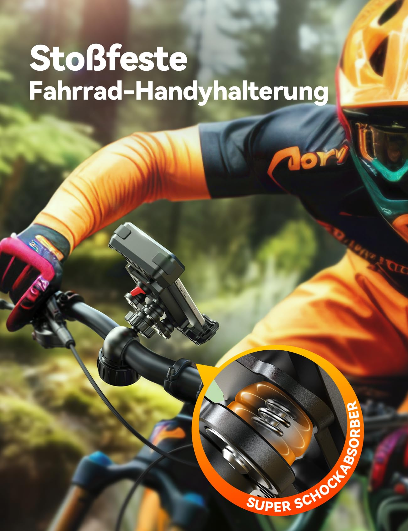 Ein Radfahrer mit Handyhalterung. Der Halter hat einen Stoßdämpfer. Fokus auf dem Fahrradlenker.