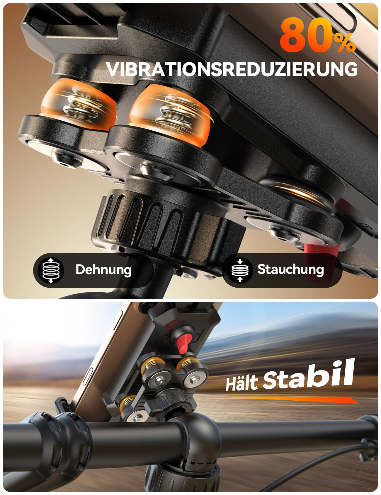 Ein Telefonhalter mit Vibrationsreduzierung ist an einem Fahrradlenker montiert. Das Bild demonstriert das System.