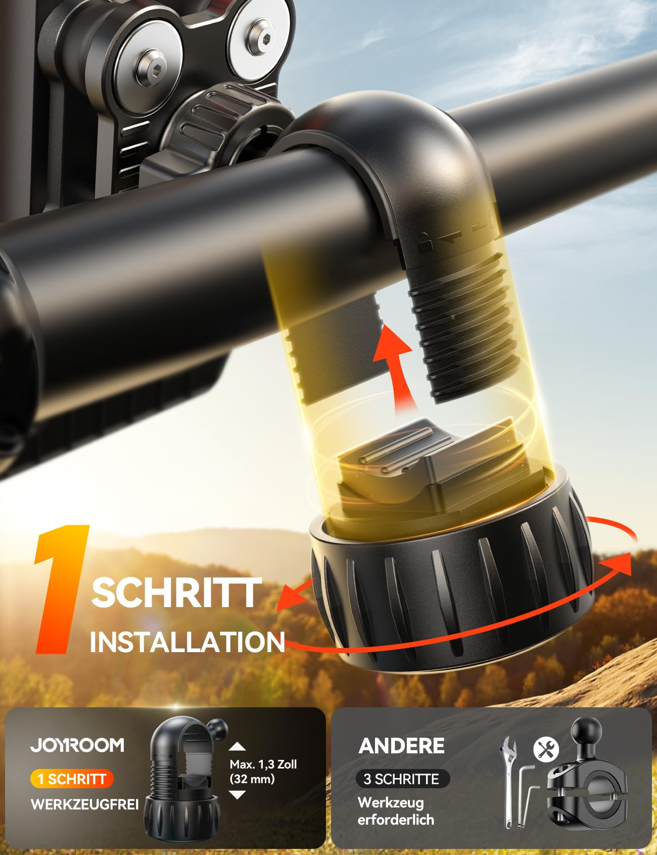 Ein schwarzes Gerät ist an einem Lenker montiert. Es wird mit einer Klemme befestigt und ermöglicht eine Winkeleinstellung.