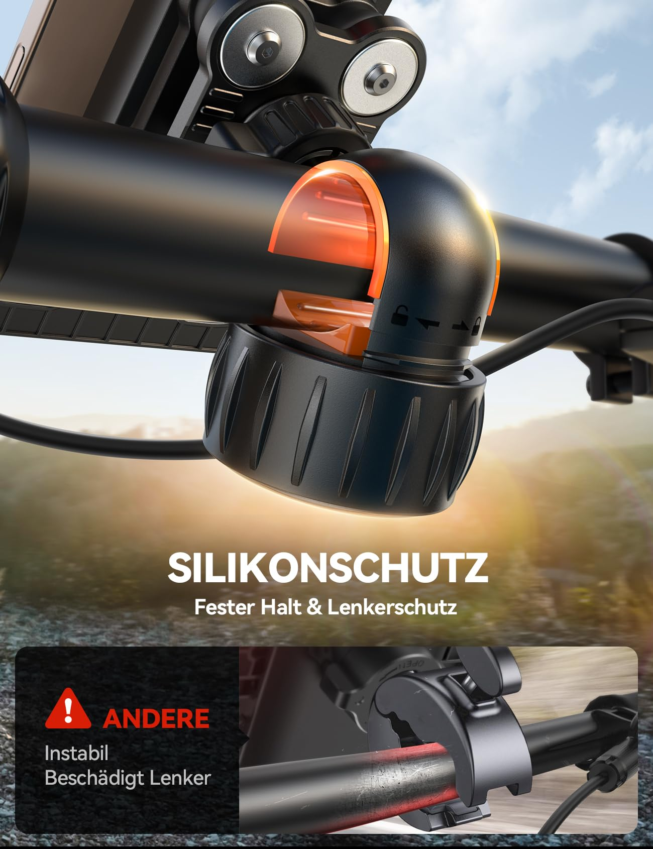 Fahrradlenker mit Handyhalterung. Nahaufnahme zeigt Silikonschutz. Das Wort 'ANDERE' ist sichtbar.