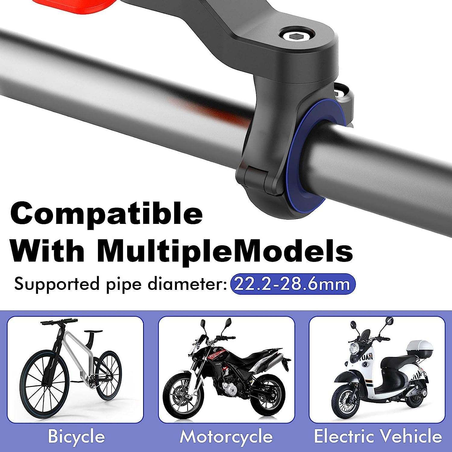 Eine schwarz-blaue Klemme an einer Metallstange, darunter Bilder von Fahrrad, Motorrad und Elektrofahrzeug.