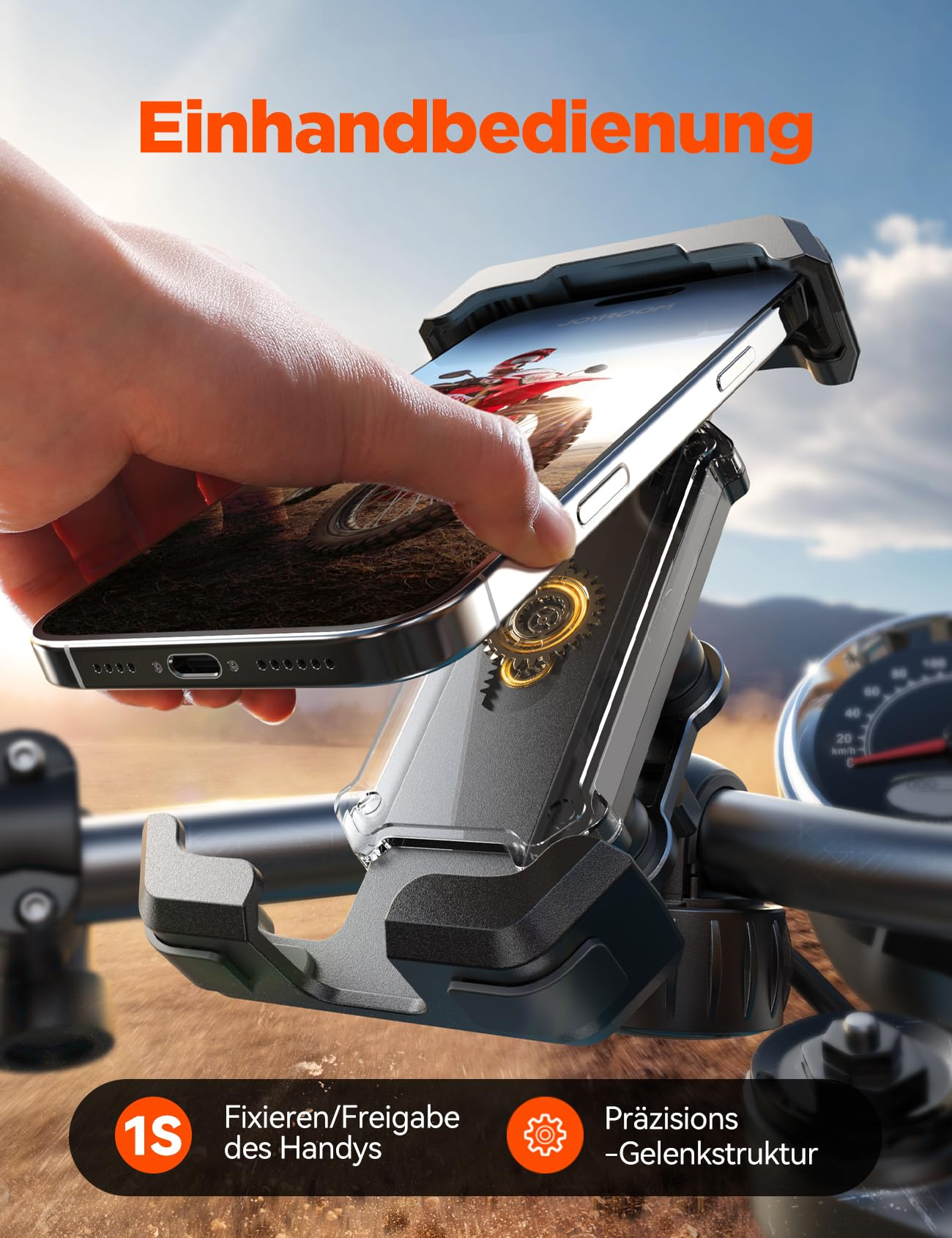 Ein Telefon ist an einem Fahrradlenker montiert. Das Telefon ist in einer Halterung gesichert und kann angepasst werden.