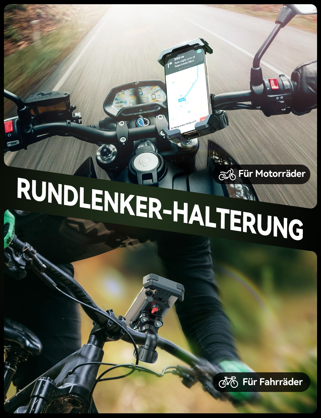 Motorrad- und Fahrradlenker mit Telefonhaltern, die Navigations-Apps anzeigen. Oben und unten sind gezeigt.