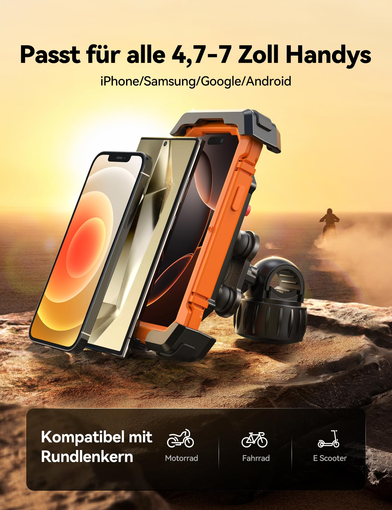 Ein Telefon befindet sich in einer Halterung, die an einem Fahrrad oder Roller montiert ist. Die Halterung ist mit verschiedenen Telefongrößen kompatibel.