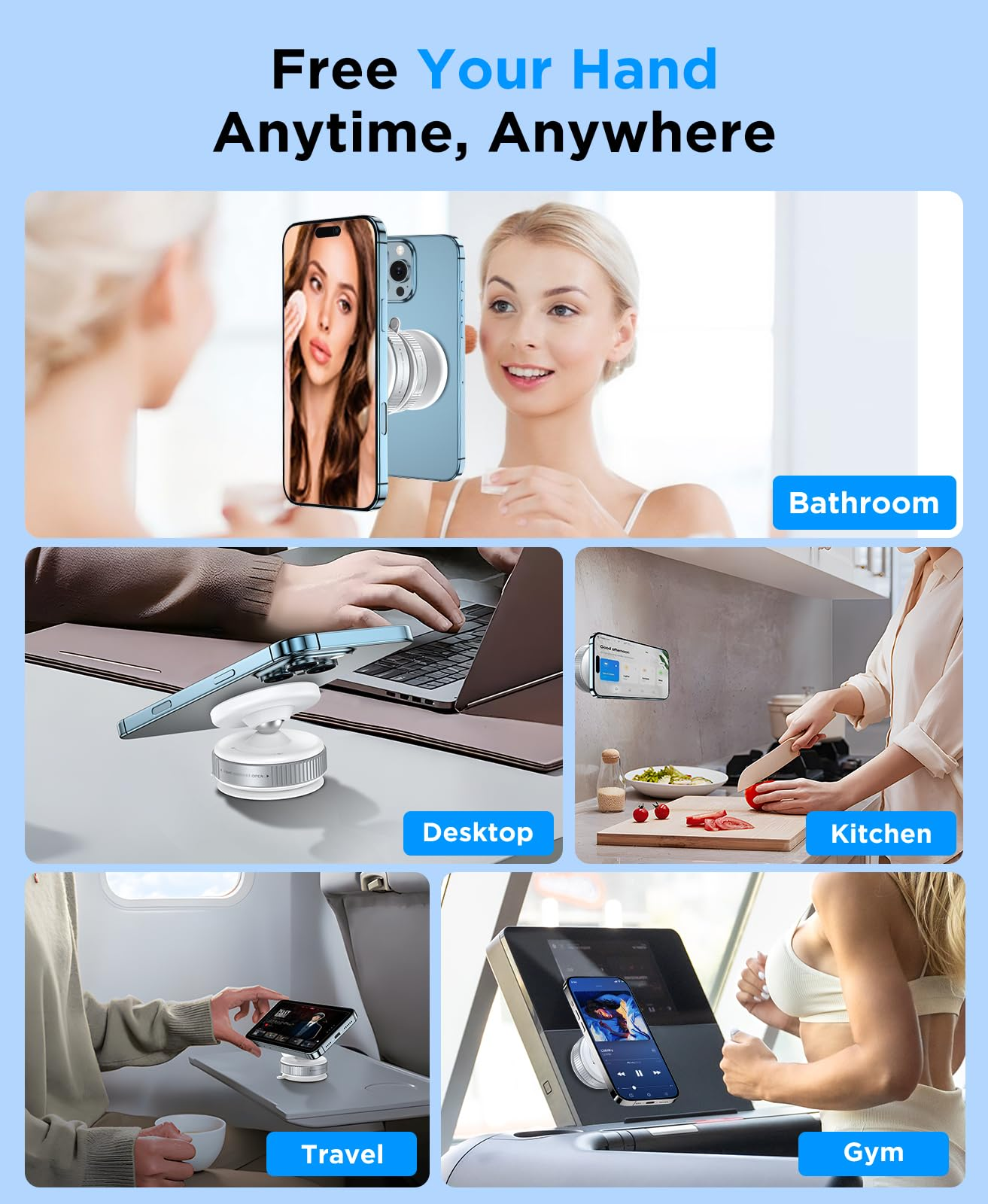 Collage mit verschiedenen Anwendungen eines Telefonhalters: Badezimmer, Desktop, Küche, Reisen und Fitnessstudio.