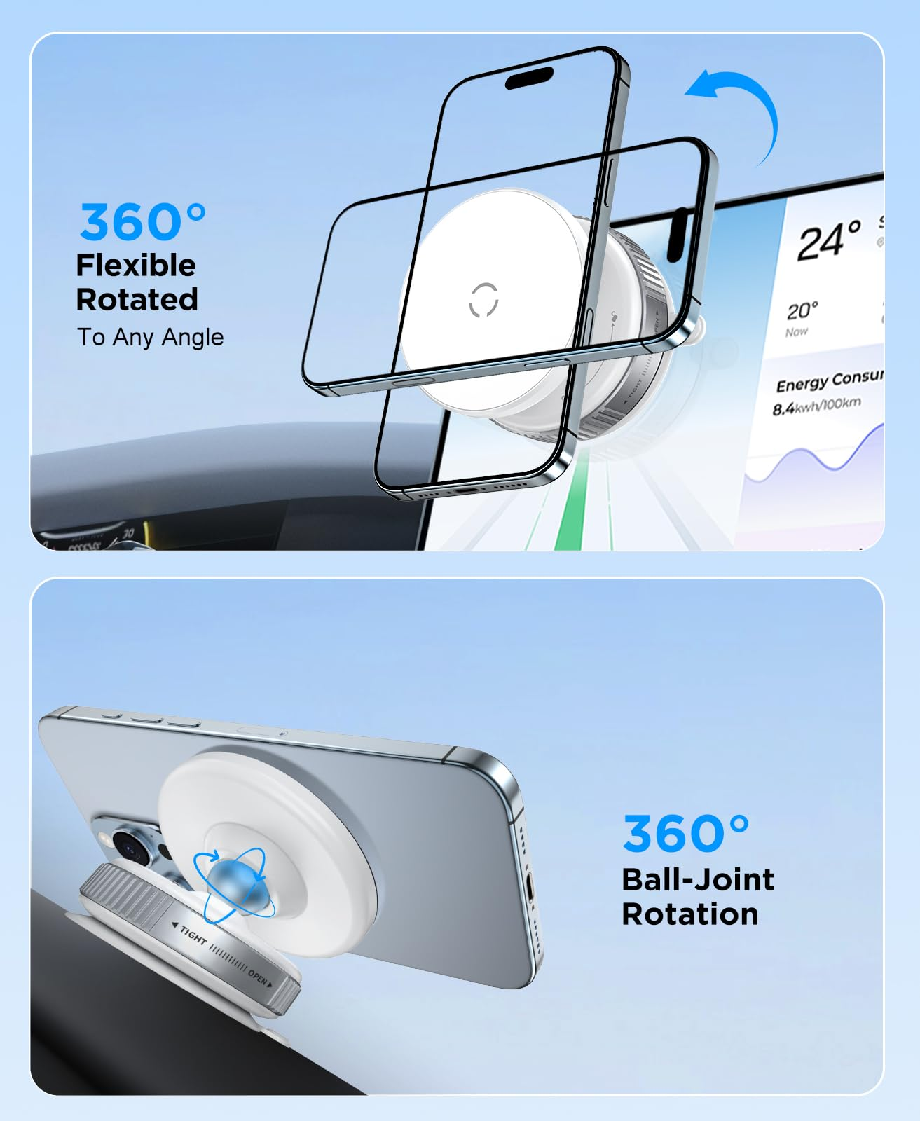 Ein Telefon wird in einer Autohalterung gezeigt, die die Drehung zeigt. Ein Telefon wird um 360 Grad gedreht.