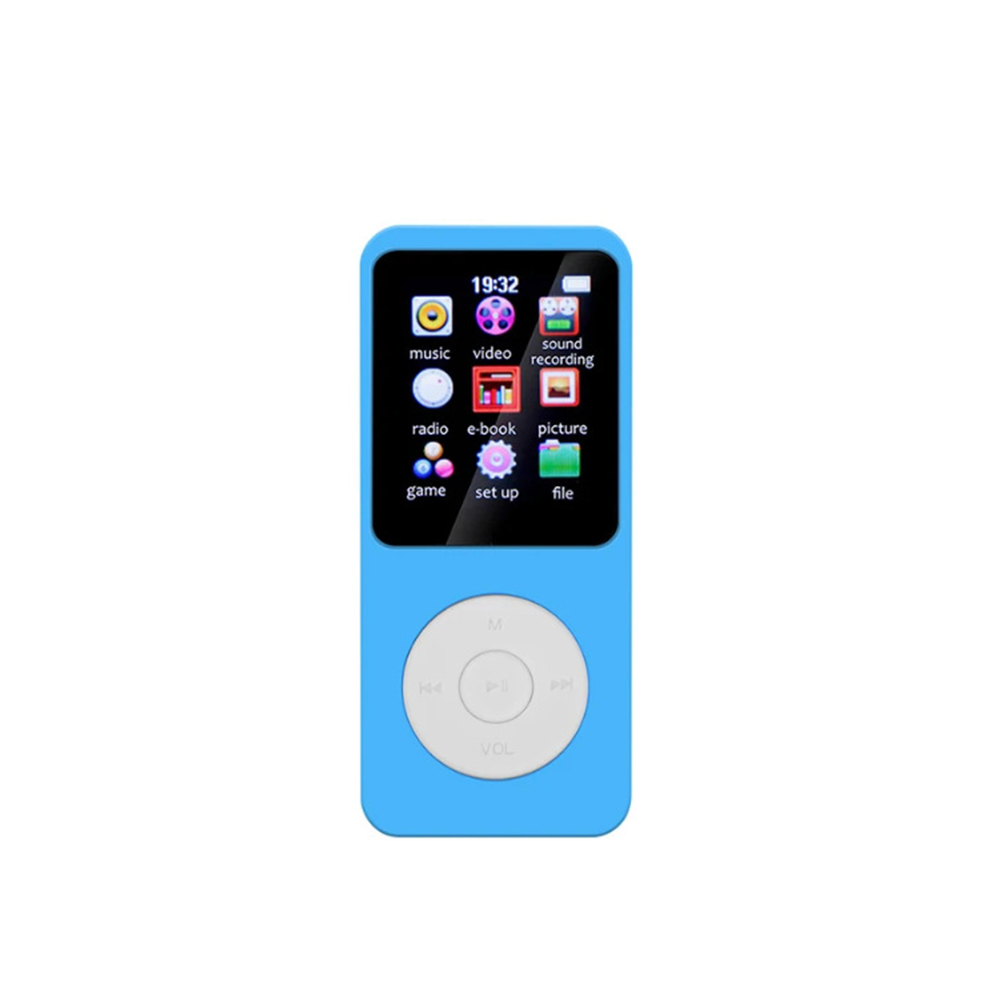Ein blauer MP3-Player mit Bildschirm und Knöpfen. Symbole zeigen Musik, Video, Radio usw. an.