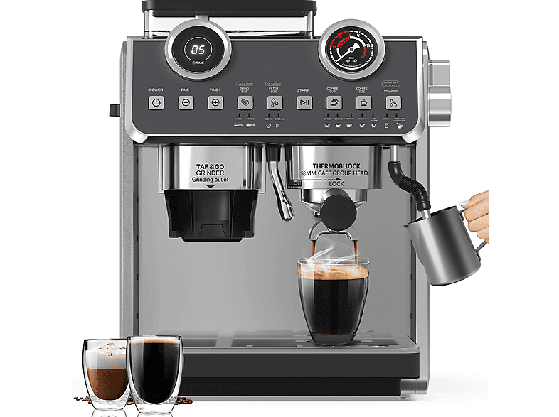 DEWELLING Siebträgermaschine EM653 Kaffeemaschine mit Milchaufschäumer 20 Bar 2200 Watt Siebträger Schwarz/Silber