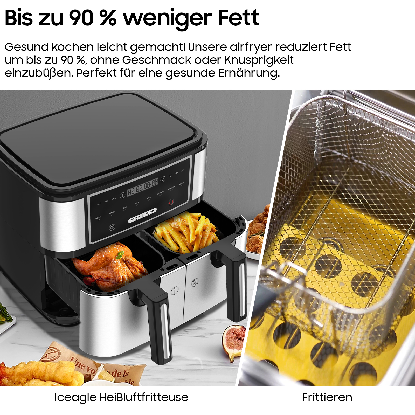 Eine Heißluftfritteuse mit Speisen und eine Fritteuse mit Öl, mit Text über weniger Fett und gesundes Kochen.