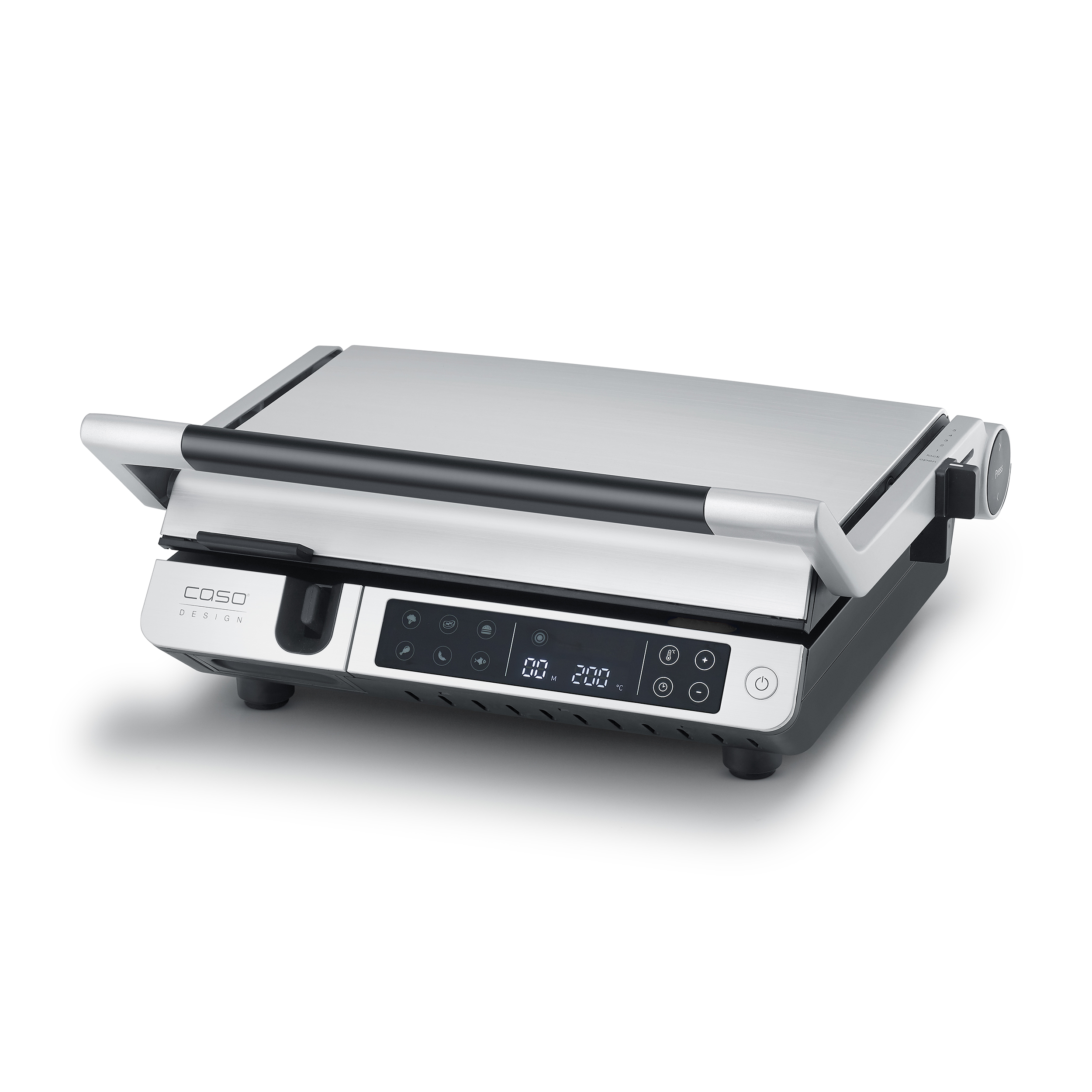Ein geschlossener Elektrogrill mit Digitalanzeige und Bedientasten auf weißem Hintergrund.