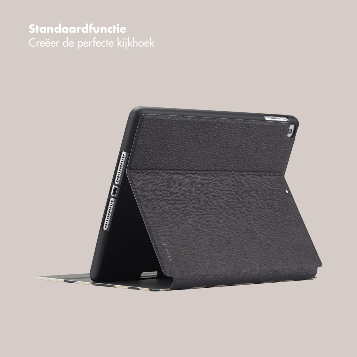 A black tablet case standing open to create a viewing stand.