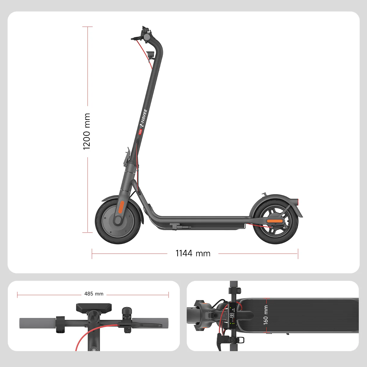 Un diagrama que muestra las dimensiones de un scooter gris. El scooter mide 1200 mm de alto y 1144 mm de largo.