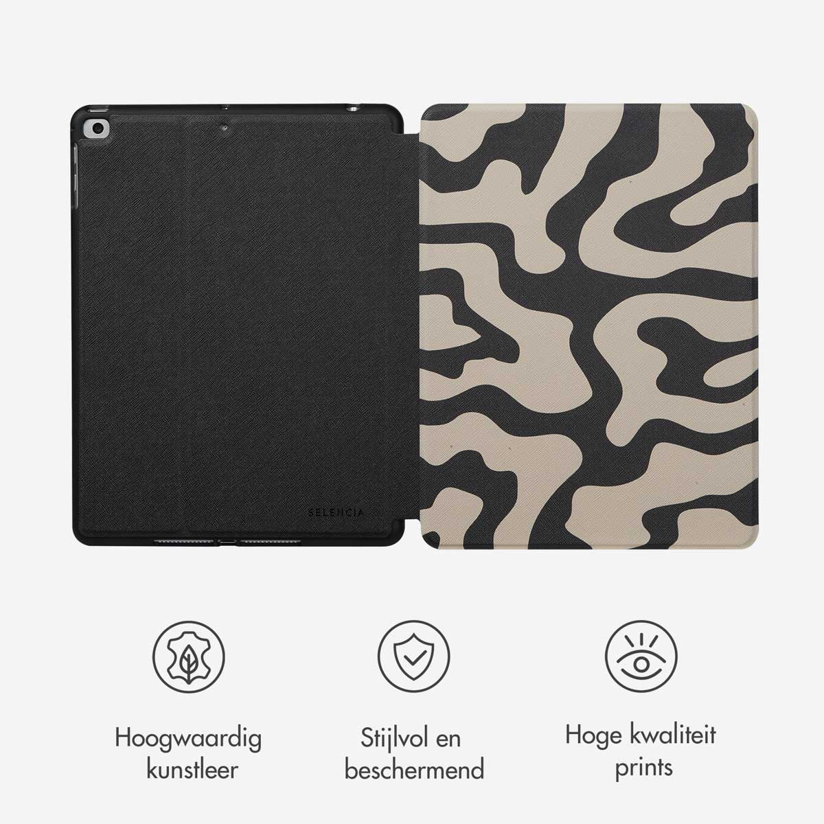 Open black tablet case with a zebra print cover. Three icons below promote high quality materials and stylish design.