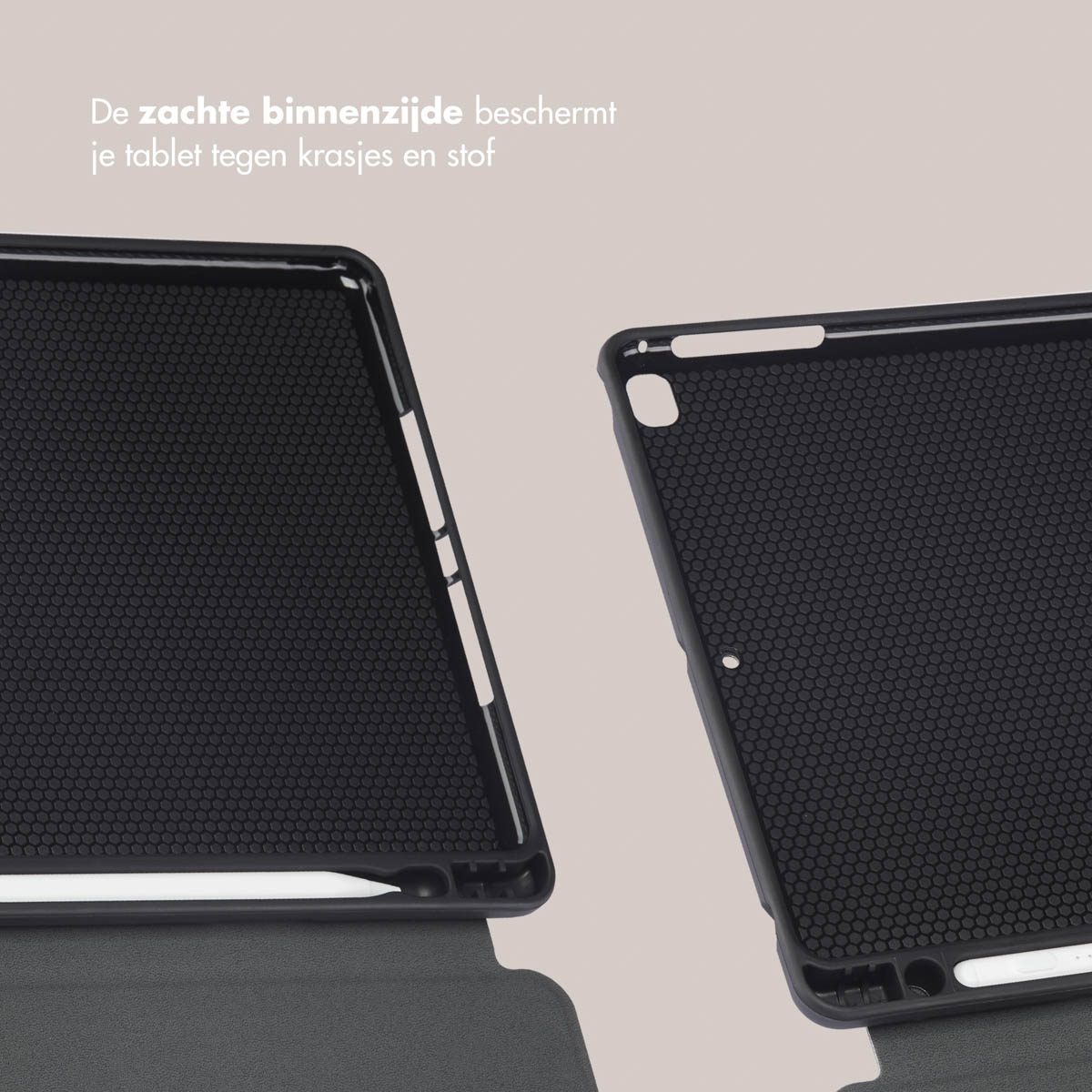 Close up of two black tablet cases with a honeycomb interior.