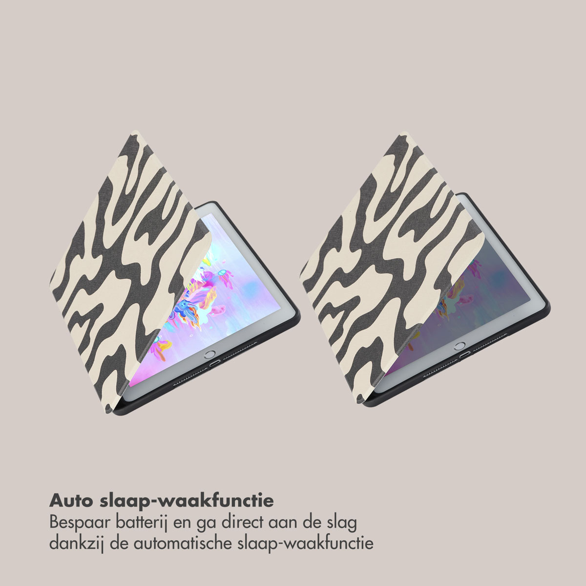 Two tablets with zebra pattern cases, one open and one closed.