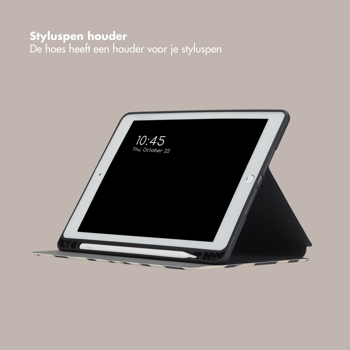 Tablet with a stylus pen in its case. The screen shows the time 10:45.