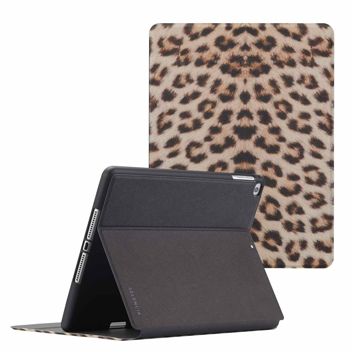 Tablet in a case with a leopard print. The case is open.