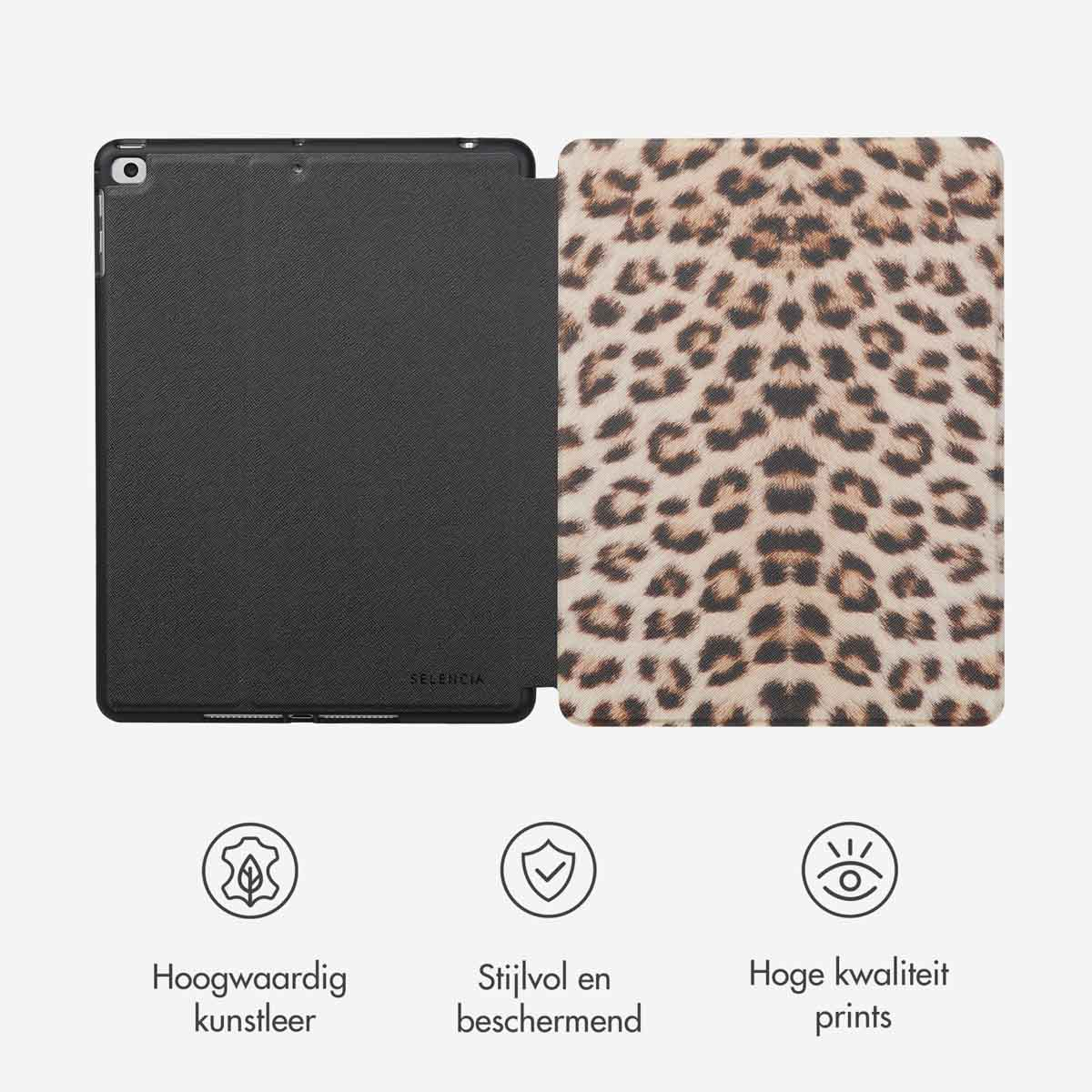 Tablet case with a leopard print, open to show the tablet.