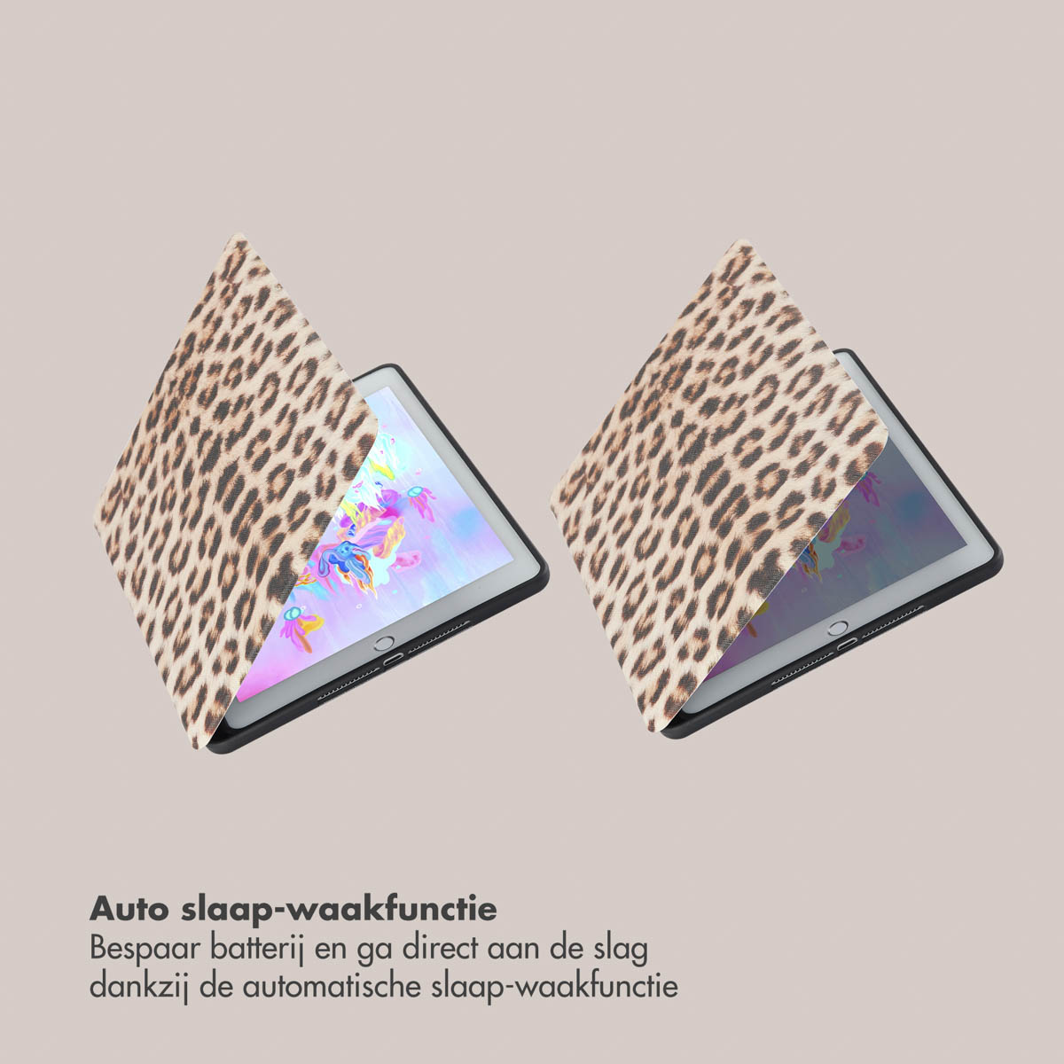 Two tablets with leopard print cases, one open and one closed.