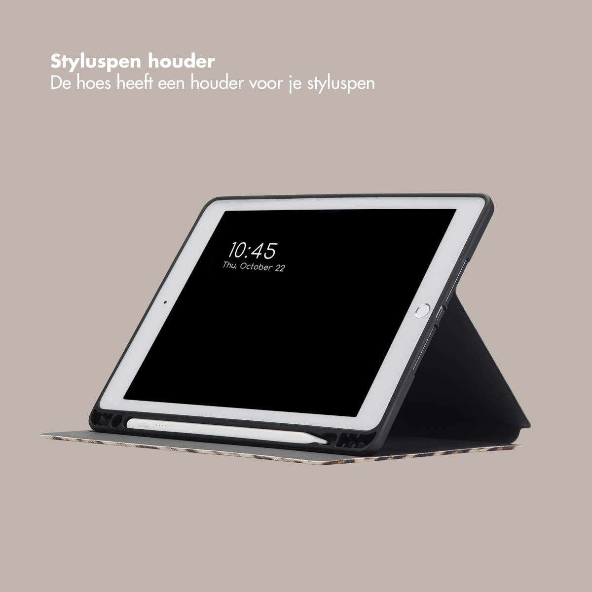 Tablet with a stylus pen in its case. The screen shows the time 10:45.
