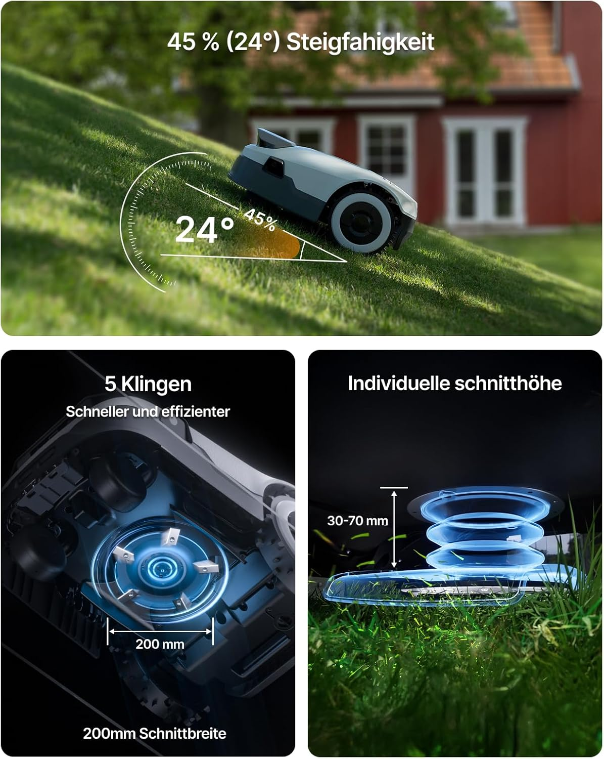 Zdjęcia pokazujące robota koszącego trawę na wzgórzu i zbliżenia jego ostrzy oraz wysokości koszenia.
