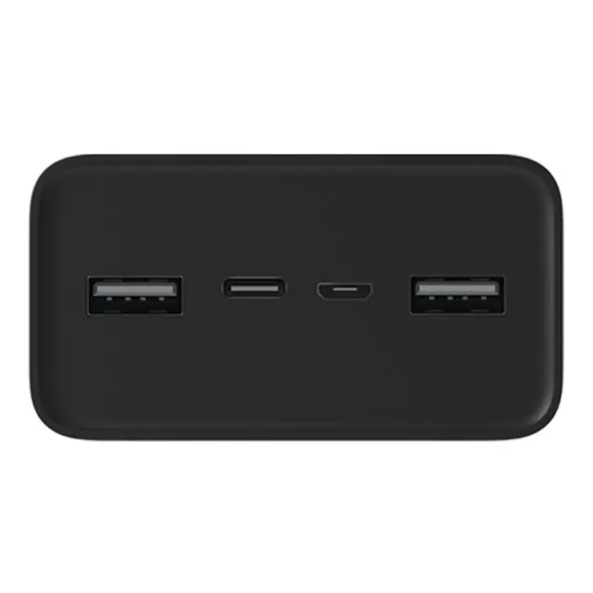 Czarny power bank pokazuje dwa porty USB, micro USB i port USB-C.