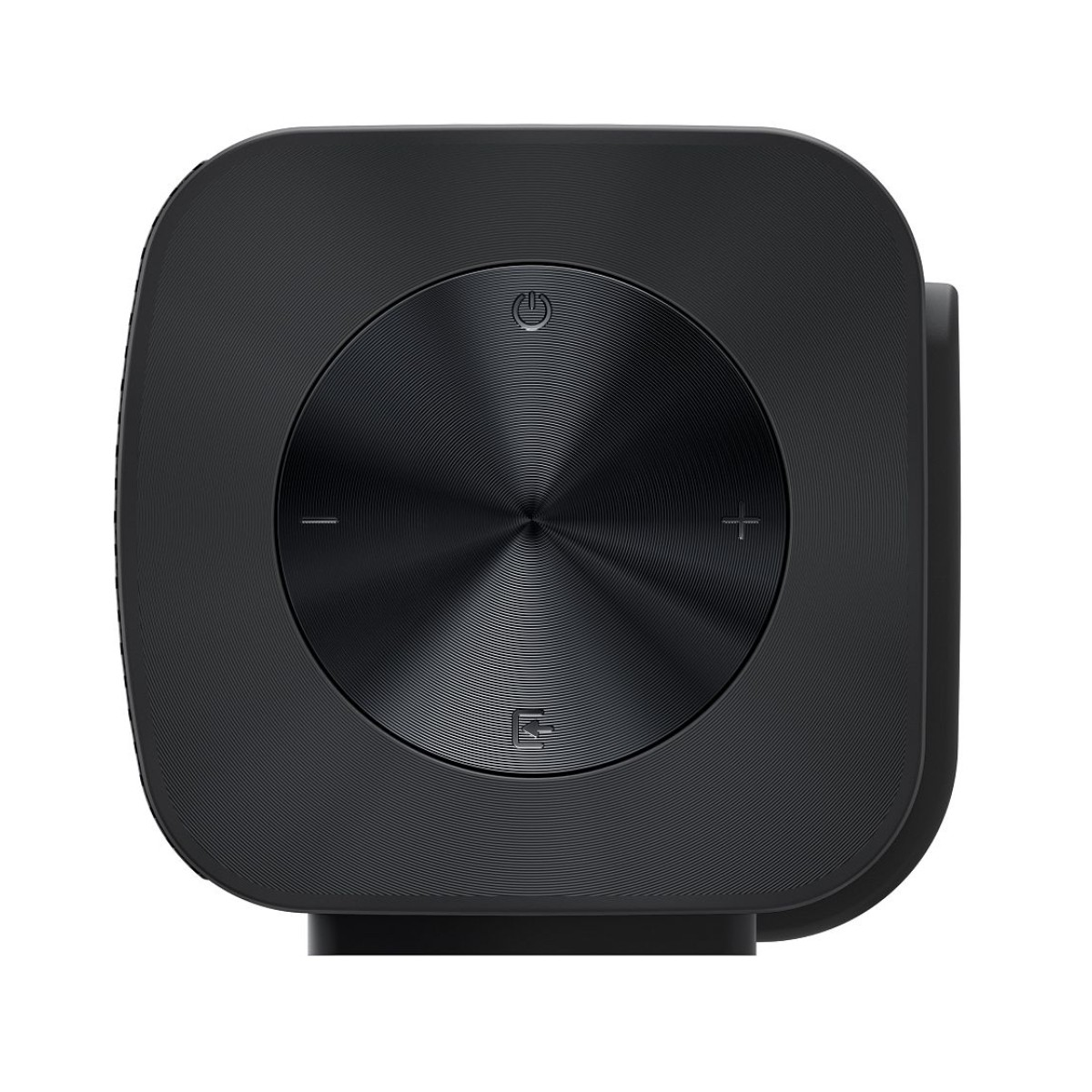 Zbliżenie na koniec czarnego soundbara z okrągłymi elementami sterującymi, na białym tle.