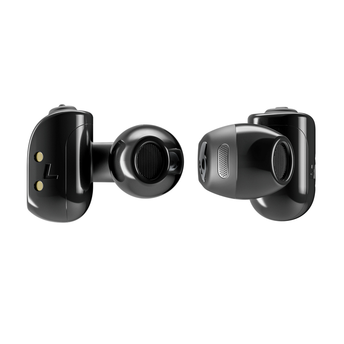 Due auricolari wireless neri su sfondo bianco. Ogni auricolare ha un design arrotondato.