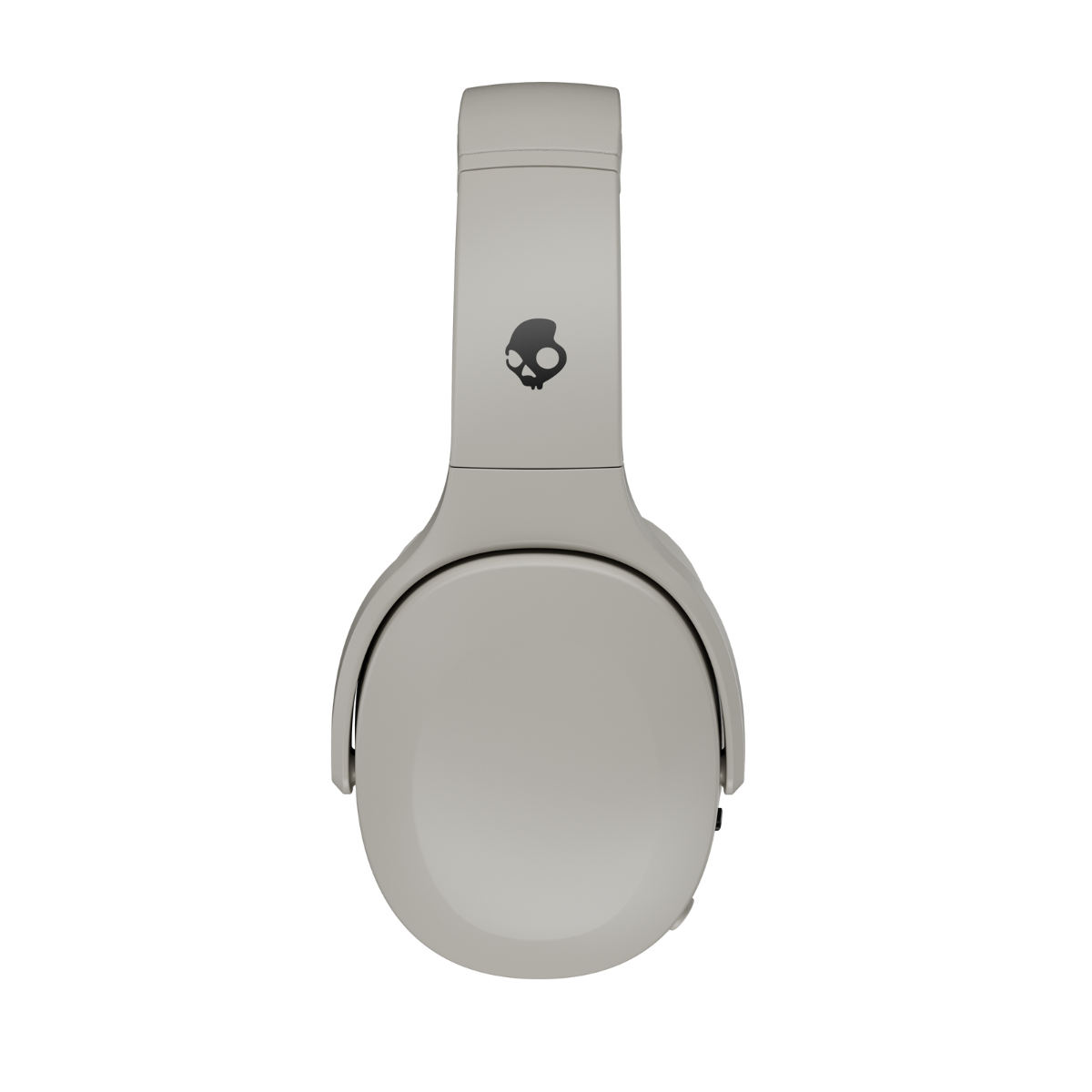 Jasnoszare słuchawki, złożone. Logo Skullcandy na górze. Białe tło.