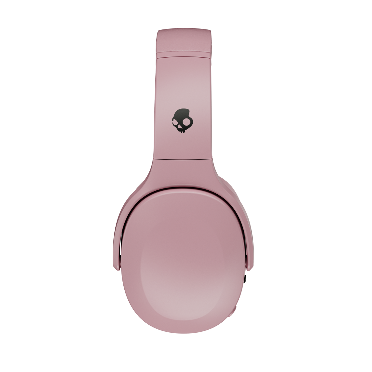 Różowe słuchawki, złożone. Logo Skullcandy na górze. Białe tło.