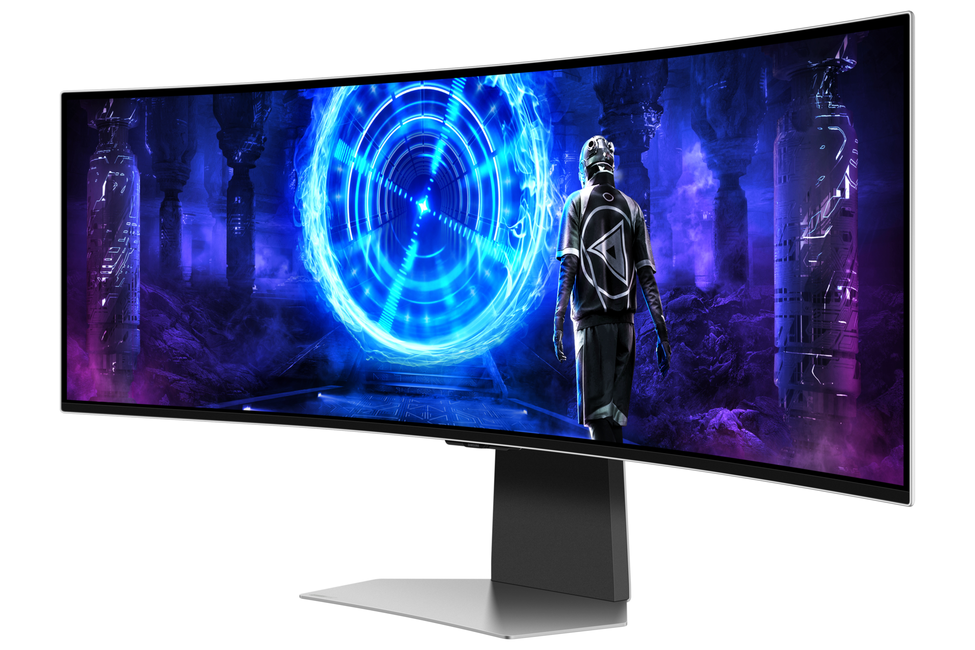 Zakrzywiony monitor komputera wyświetlający futurystyczną scenę z postacią i świecącym okręgiem.