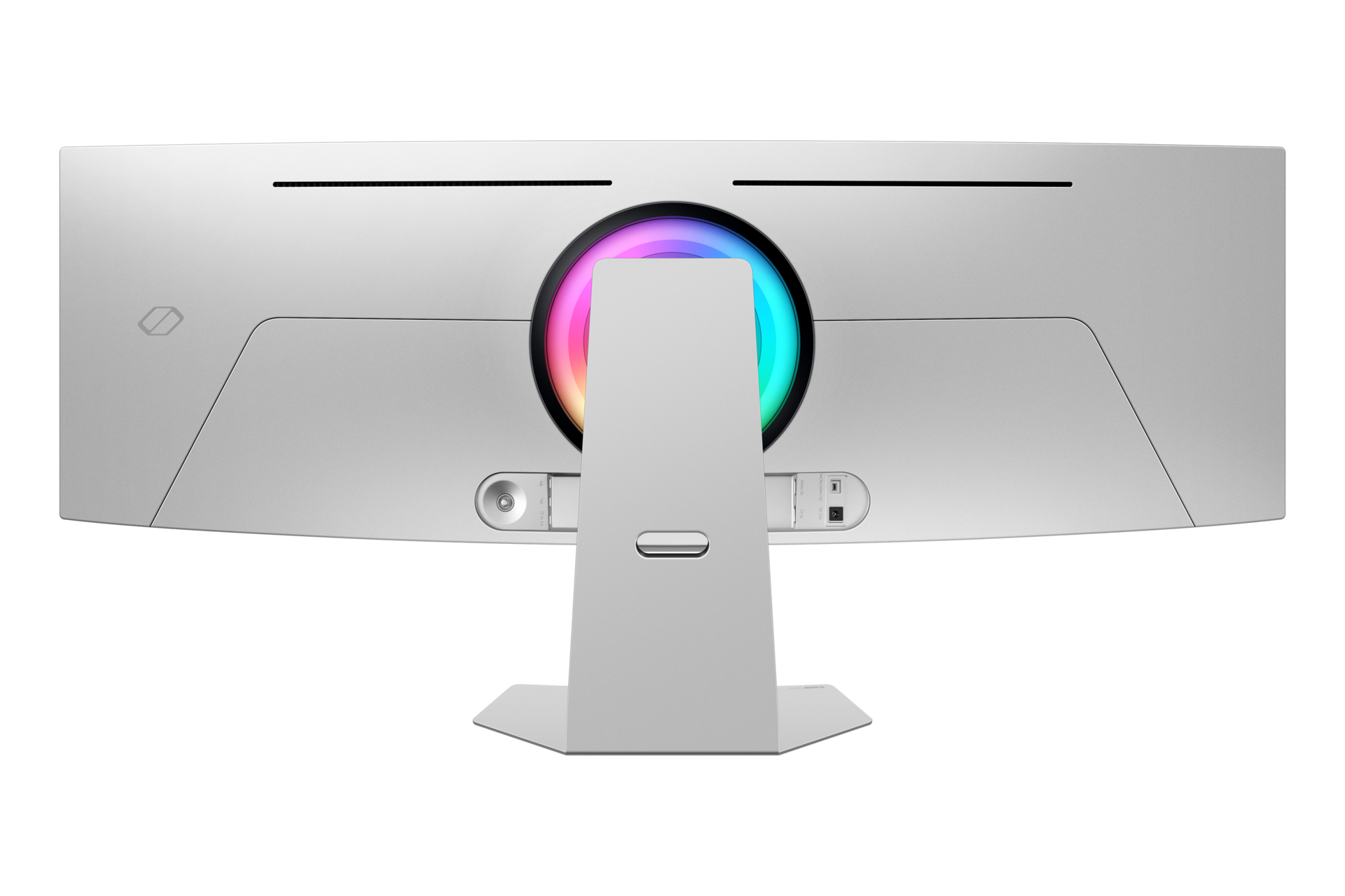 Tył zakrzywionego, białego monitora wyświetla podstawkę, porty i okrągłe światło RGB.