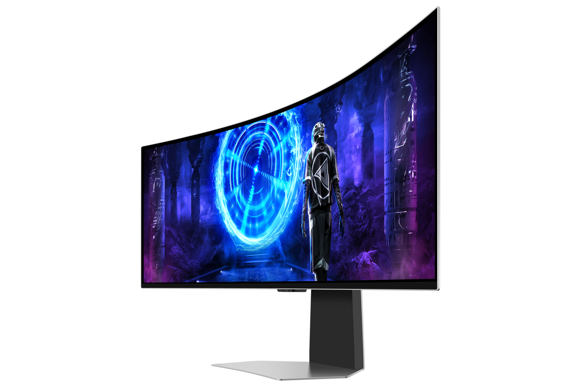 Zakrzywiony monitor komputera wyświetlający futurystyczną scenę z postacią i świecącym okręgiem.