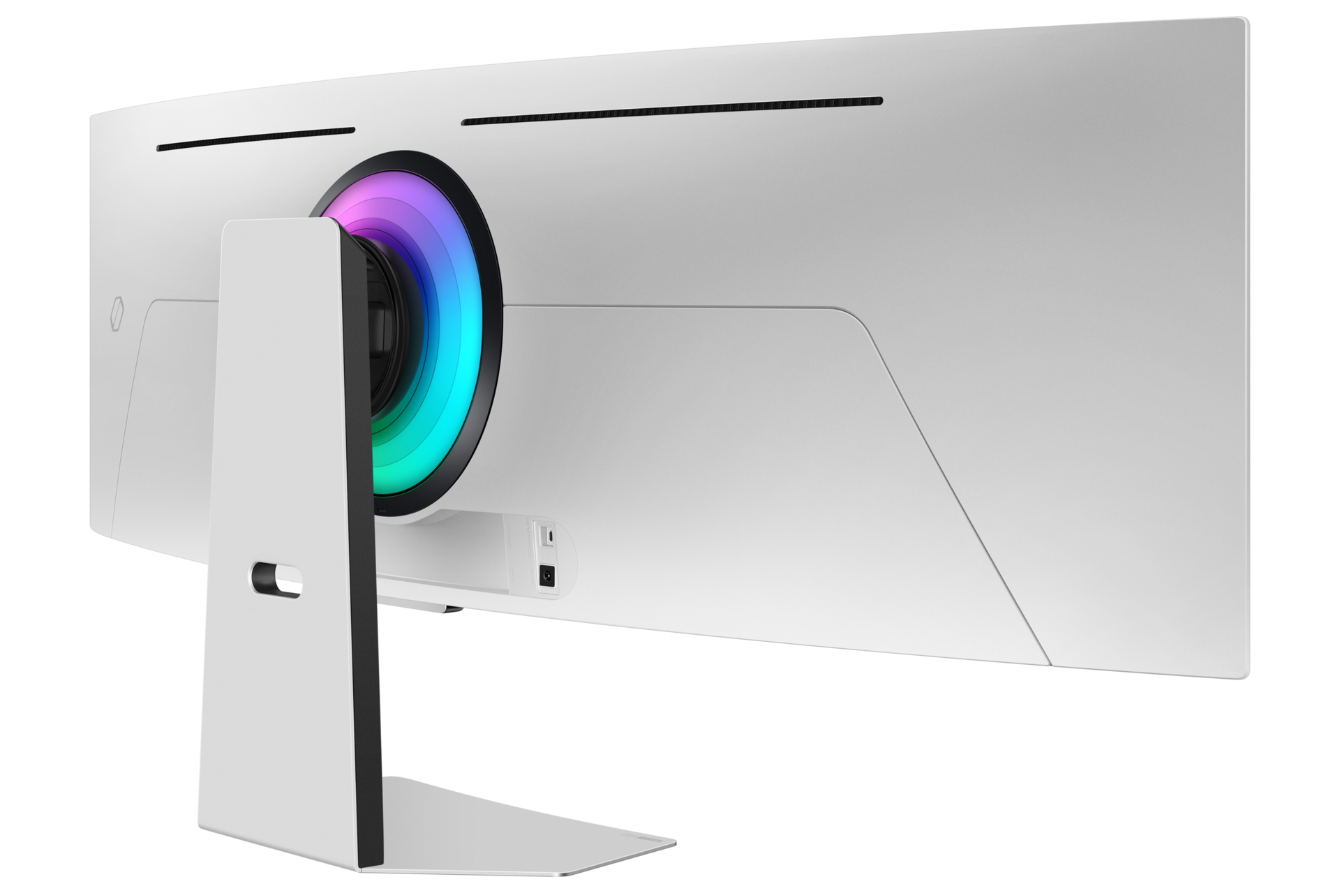 Tył białego, zakrzywionego monitora z kolorowym, okrągłym światłem i podstawką.