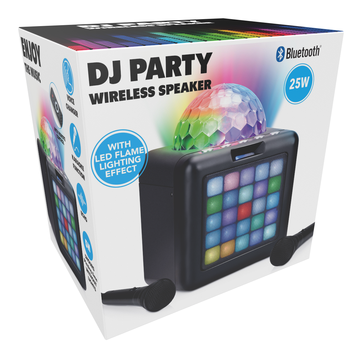 De verpakking voor een draadloze DJ Party-luidspreker heeft kleurrijke afbeeldingen en productdetails.