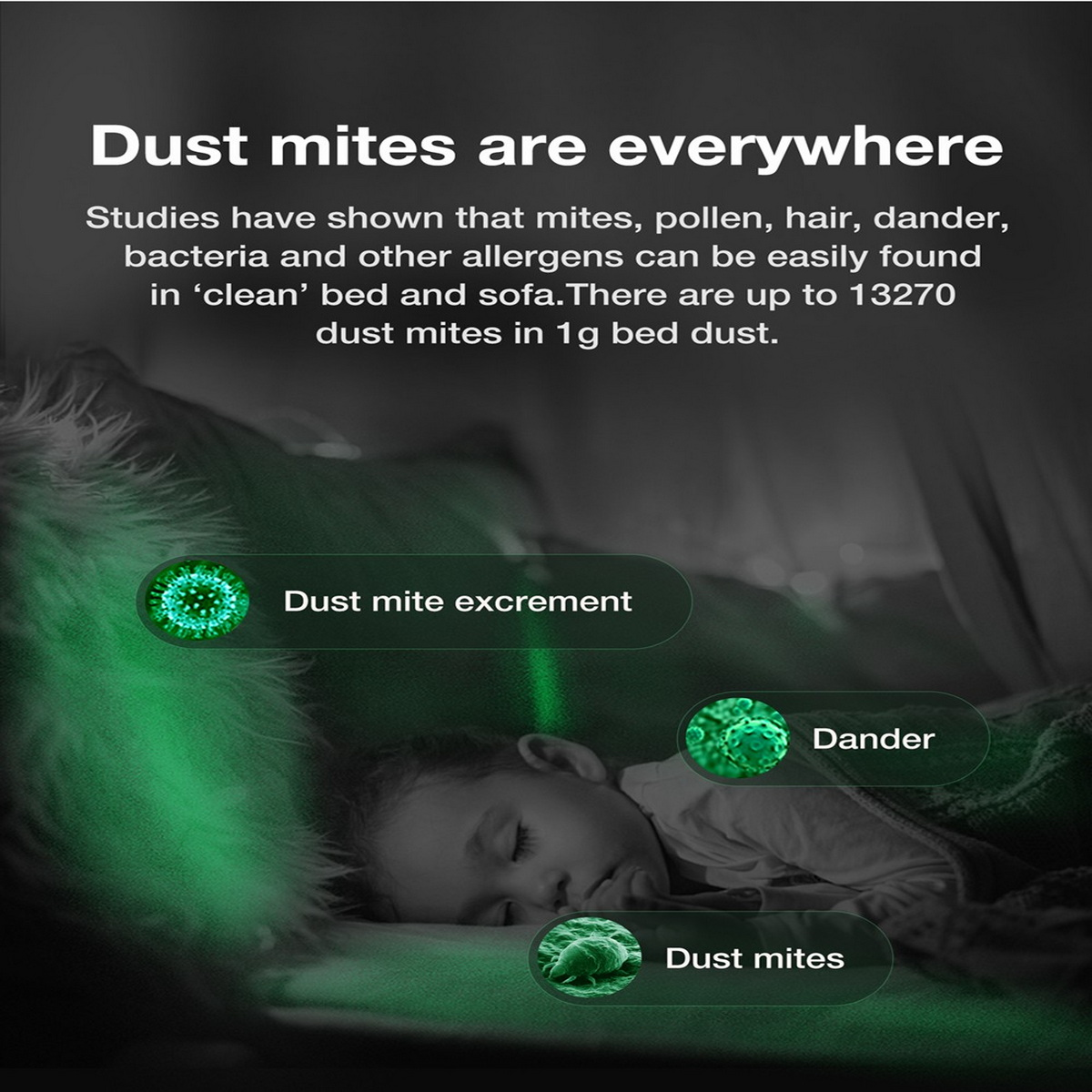 Eine Illustration von Staubmilben und Allergenen. Ein Kind schläft in einem Bett. Grüne Symbole werden gezeigt.