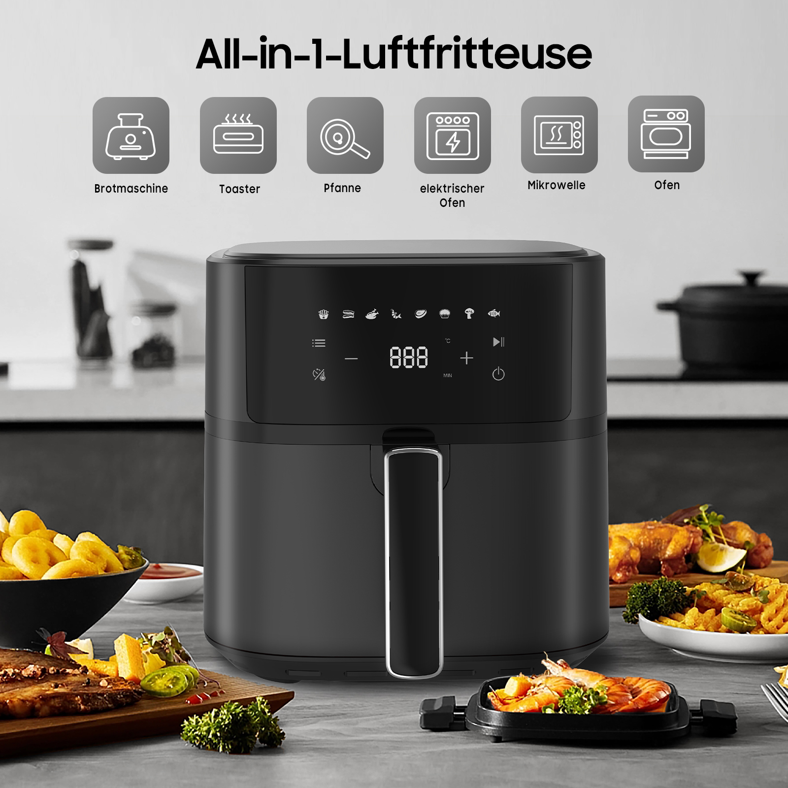 Eine schwarze Heißluftfritteuse steht auf einer Theke mit Lebensmitteln und Text.