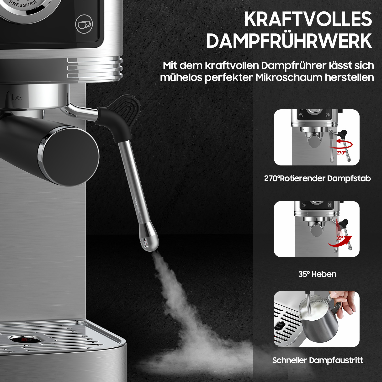 Nahaufnahme einer silbernen Espressomaschine, die Milch aufschäumt und ihre Funktionen zeigt.