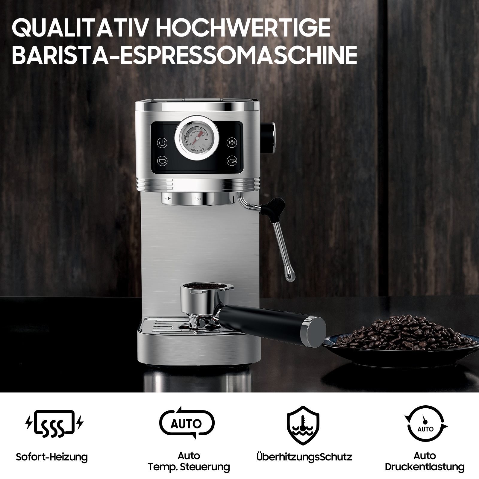 Eine Espressomaschine aus Edelstahl auf einer dunklen Holzoberfläche mit einer Tasse und Bohnen daneben.