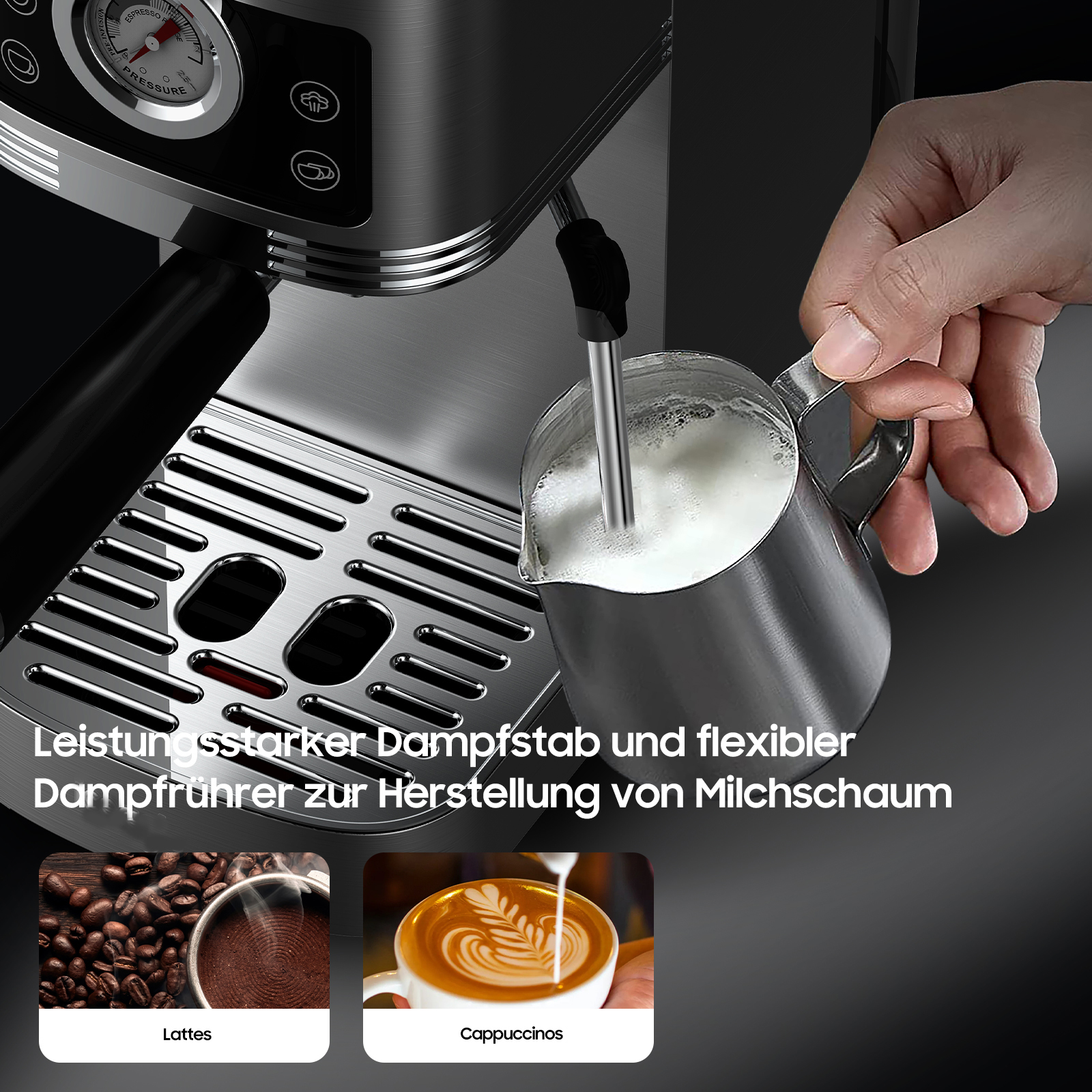 Eine Espressomaschine, die Milchschaum für Latte Macchiato und Cappuccino herstellt.