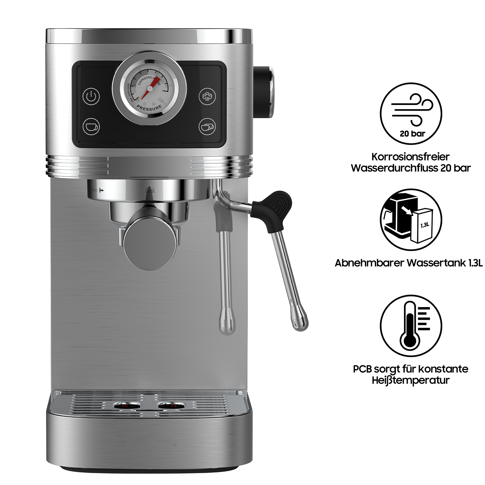 Eine silberne Espressomaschine mit Manometer, Knöpfen und Dampflanze.