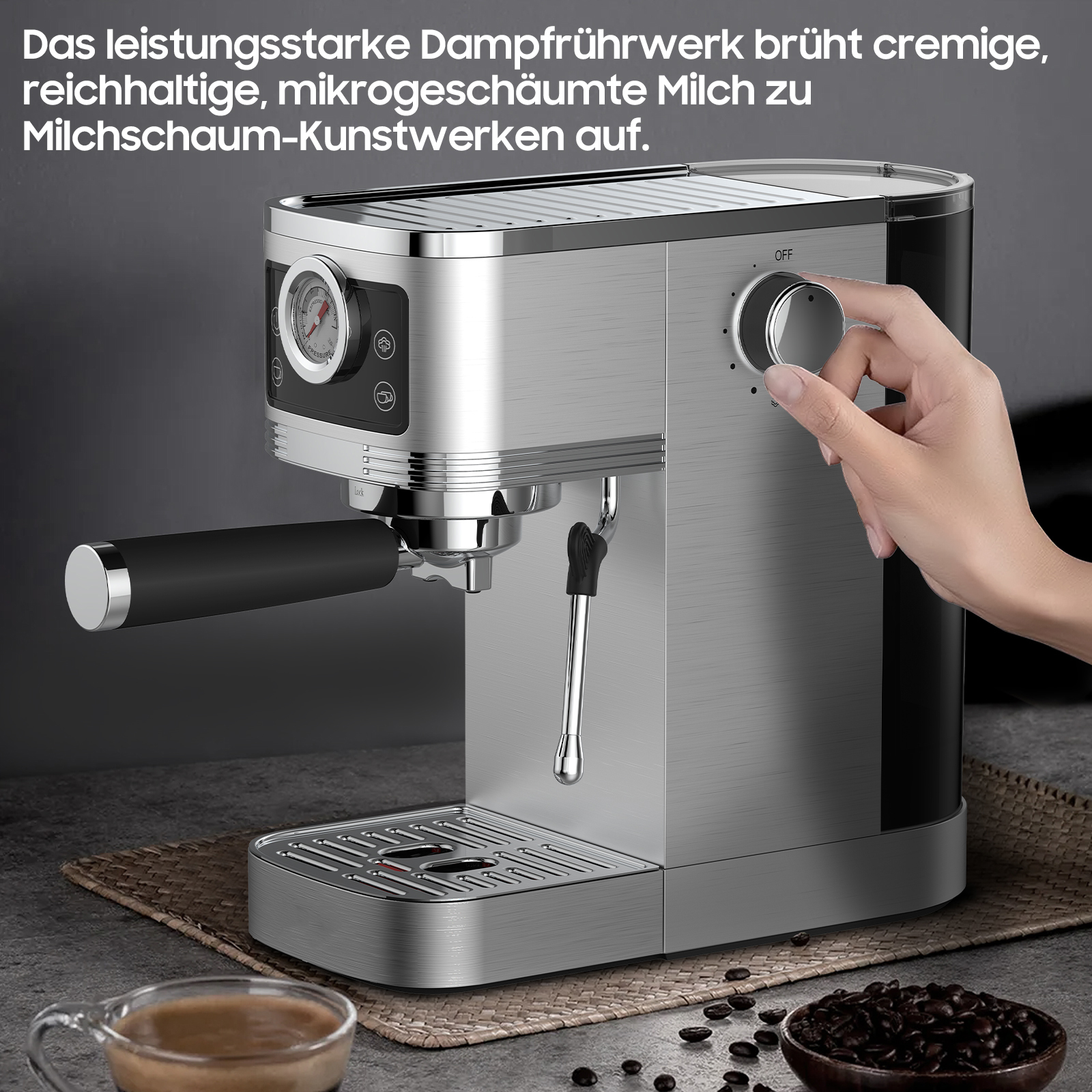 Eine silberne Espressomaschine mit Knöpfen, einem Drehregler und Kaffeebohnen, die die Verwendung zeigt.