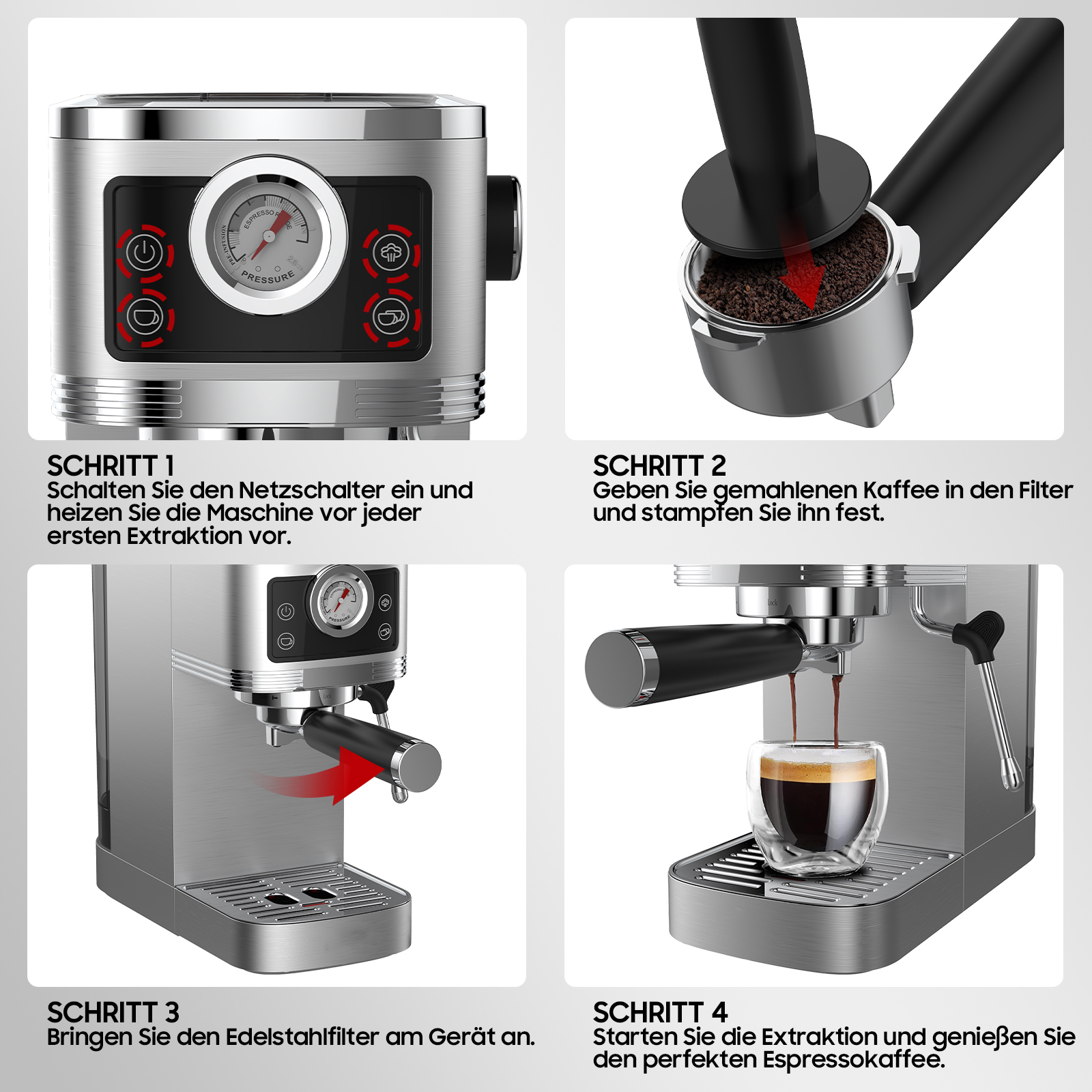 Eine silberne Espressomaschine mit Anweisungen zur Verwendung.