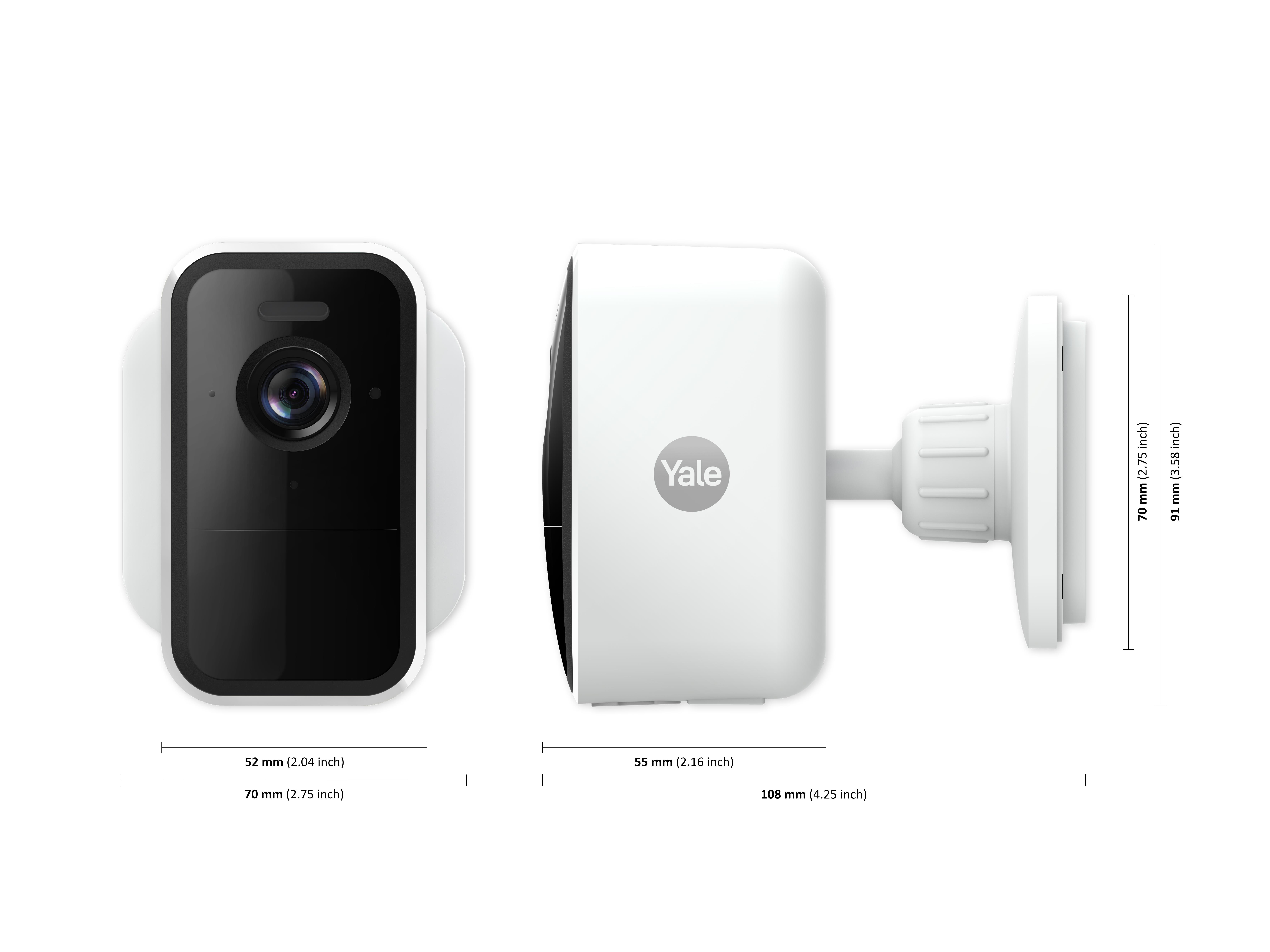 Dwie białe kamery bezpieczeństwa, jedna z przodu i druga z boku z wymiarami.