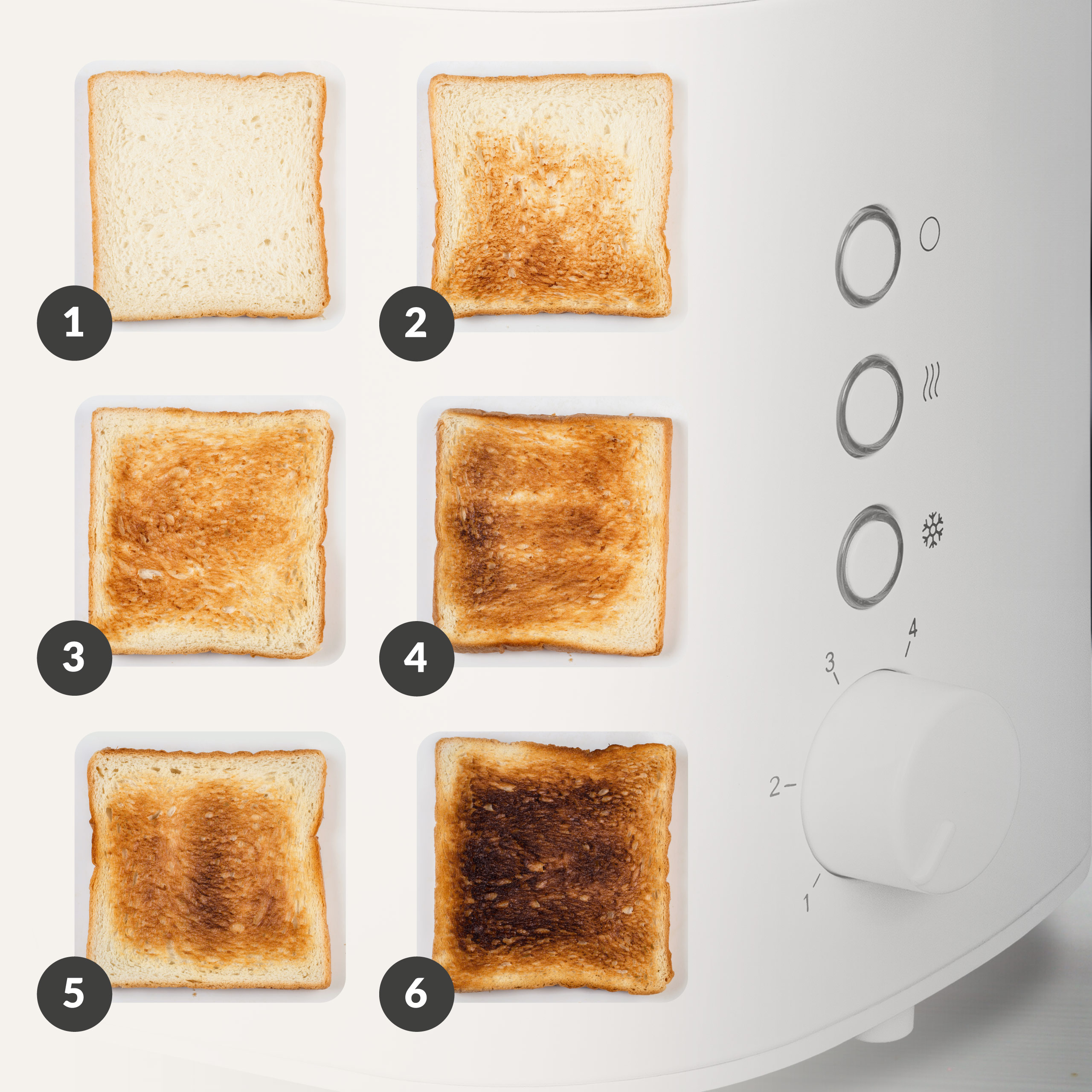 Toaster with six slices of toast, showing different levels of browning, along with the settings.